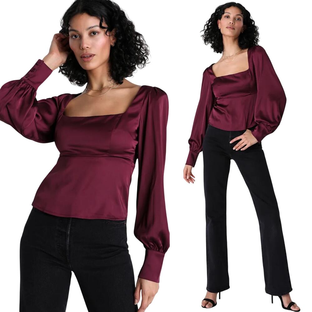Lulus Satin Square Neck Top Long Sleeve Blouse Shoulder Pads Purple NEW Large